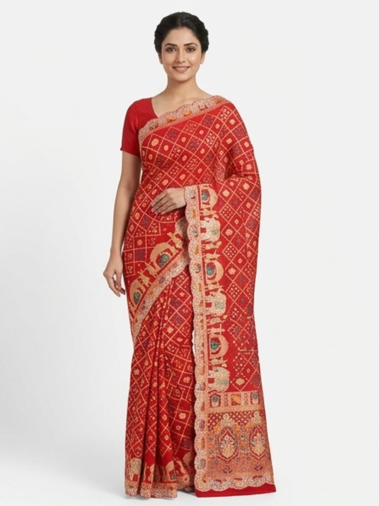 Red Bandhani Designer Saree with Royal Elephant Border | Elegant Festive Wear Saree