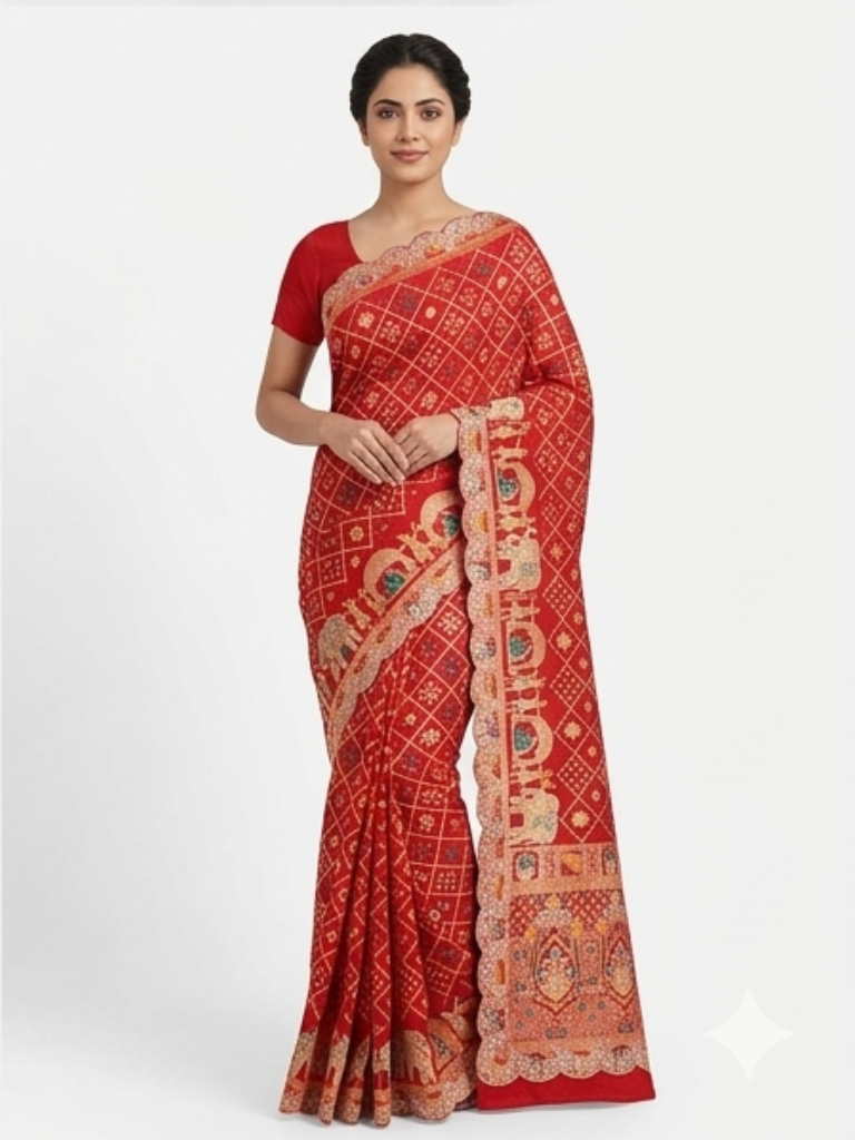 Red Bandhani Designer Saree with Royal Elephant Border | Elegant Festive Wear Saree