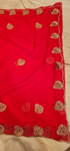 Premium Red Georgette Saree with Golden Potli Motif Work | Designer Party Wear Saree