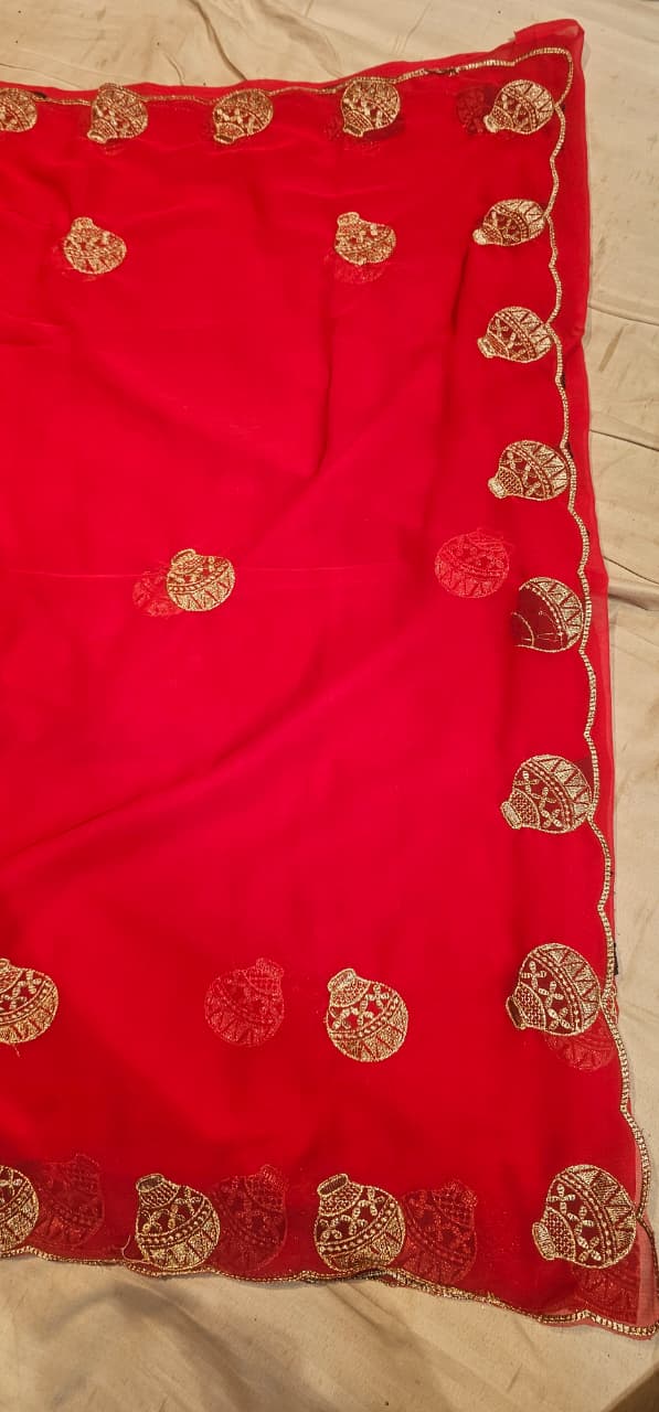 Premium Red Georgette Saree with Golden Potli Motif Work | Designer Party Wear Saree