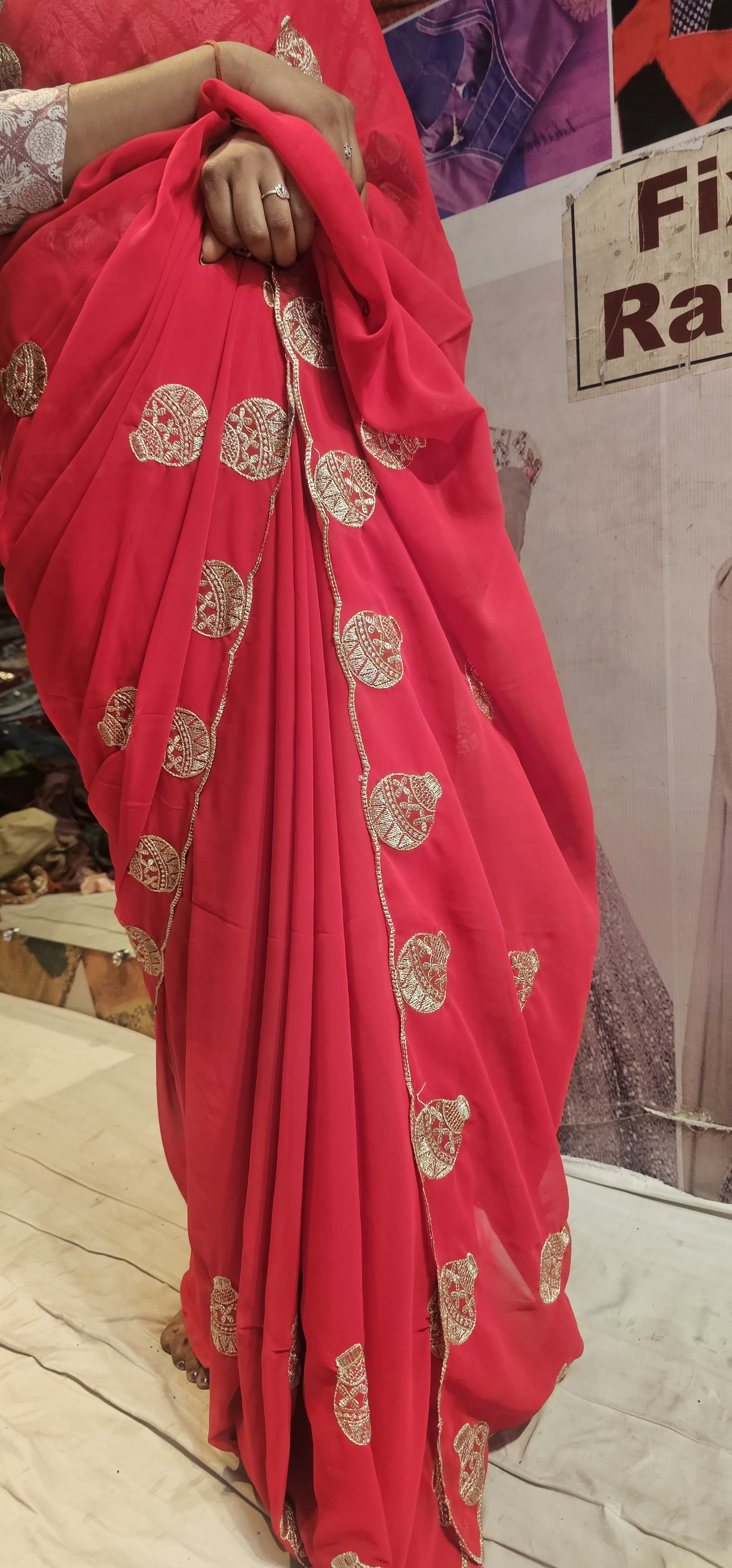 Premium Red Georgette Saree with Golden Potli Motif Work | Designer Party Wear Saree