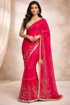 Rani Pink Designer Embroidered Saree with Golden Zari Work | Party Wear & Wedding Saree for Women