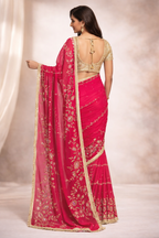 Rani Pink Designer Embroidered Saree with Golden Zari Work | Party Wear & Wedding Saree for Women