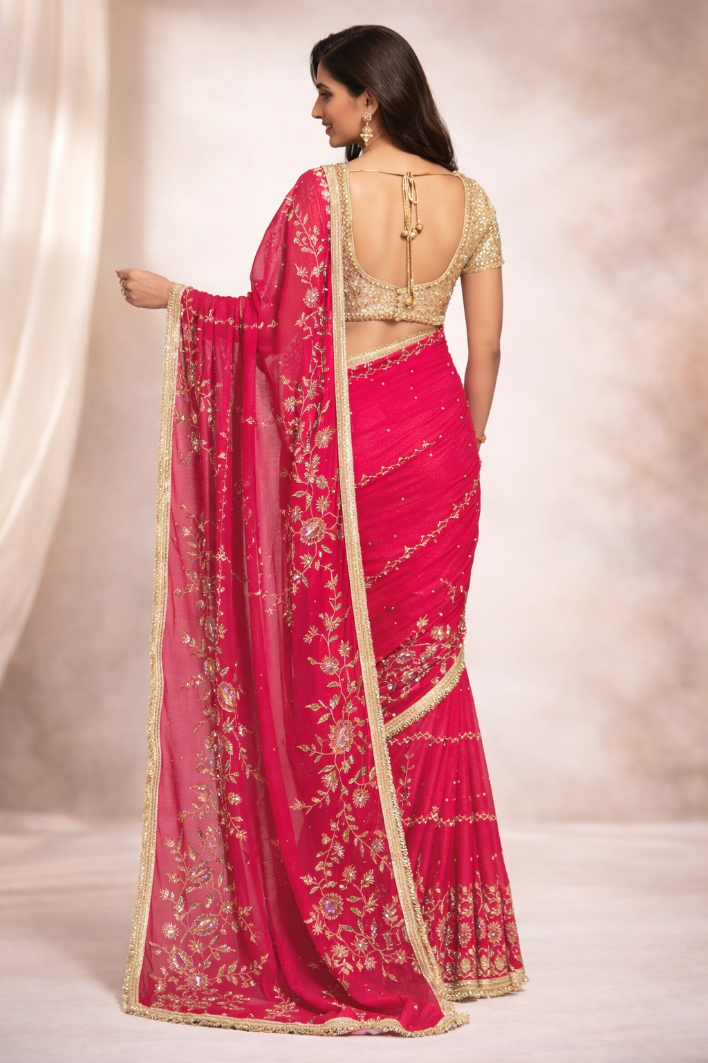 Rani Pink Designer Embroidered Saree with Golden Zari Work | Party Wear & Wedding Saree for Women
