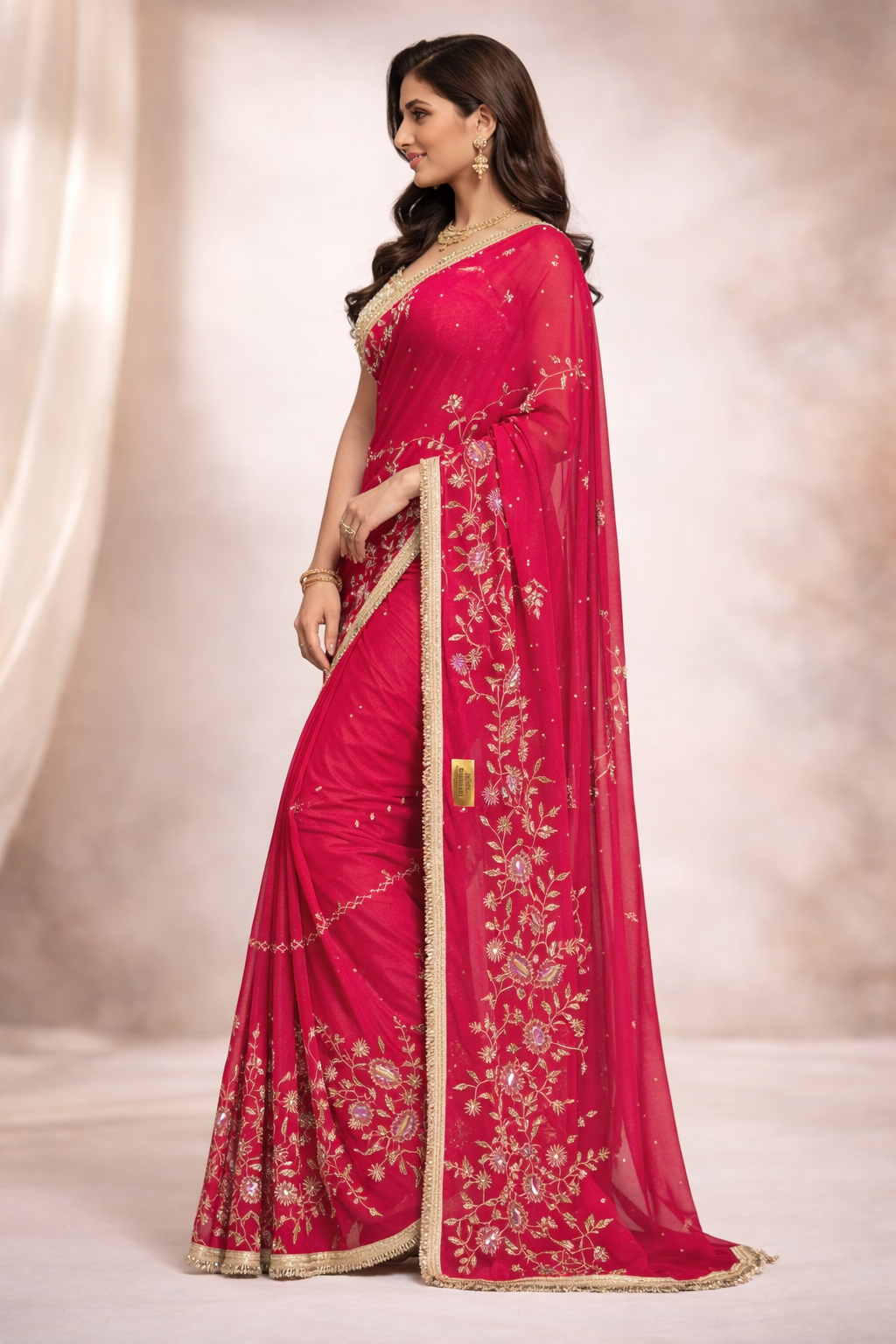 Rani Pink Designer Embroidered Saree with Golden Zari Work | Party Wear & Wedding Saree for Women