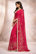 Rani Pink Designer Embroidered Saree with Golden Zari Work | Party Wear & Wedding Saree for Women