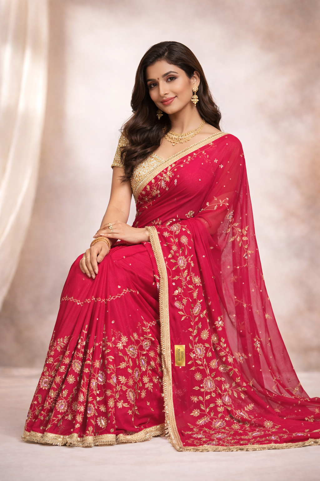 Rani Pink Designer Embroidered Saree with Golden Zari Work | Party Wear & Wedding Saree for Women