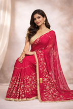 Rani Pink Designer Embroidered Saree with Golden Zari Work | Party Wear & Wedding Saree for Women