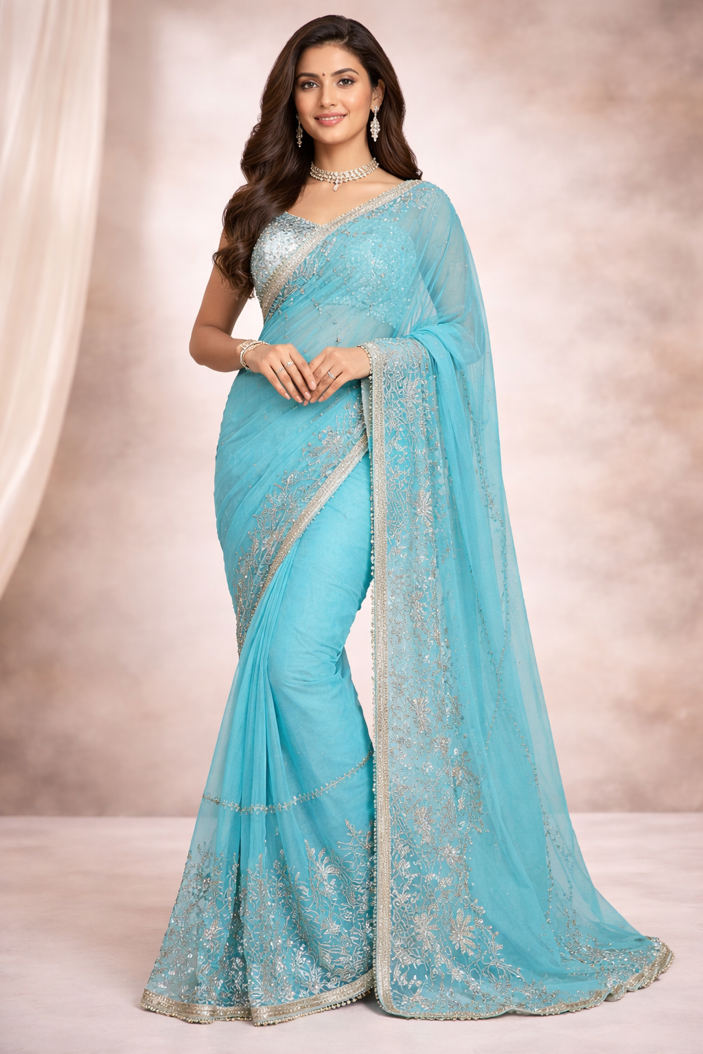 Sky Firozi Designer Saree with Silver Zari Embroidery & Lace Border | Party Wear & Wedding Saree for Women