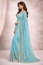 Sky Firozi Designer Saree with Silver Zari Embroidery & Lace Border | Party Wear & Wedding Saree for Women