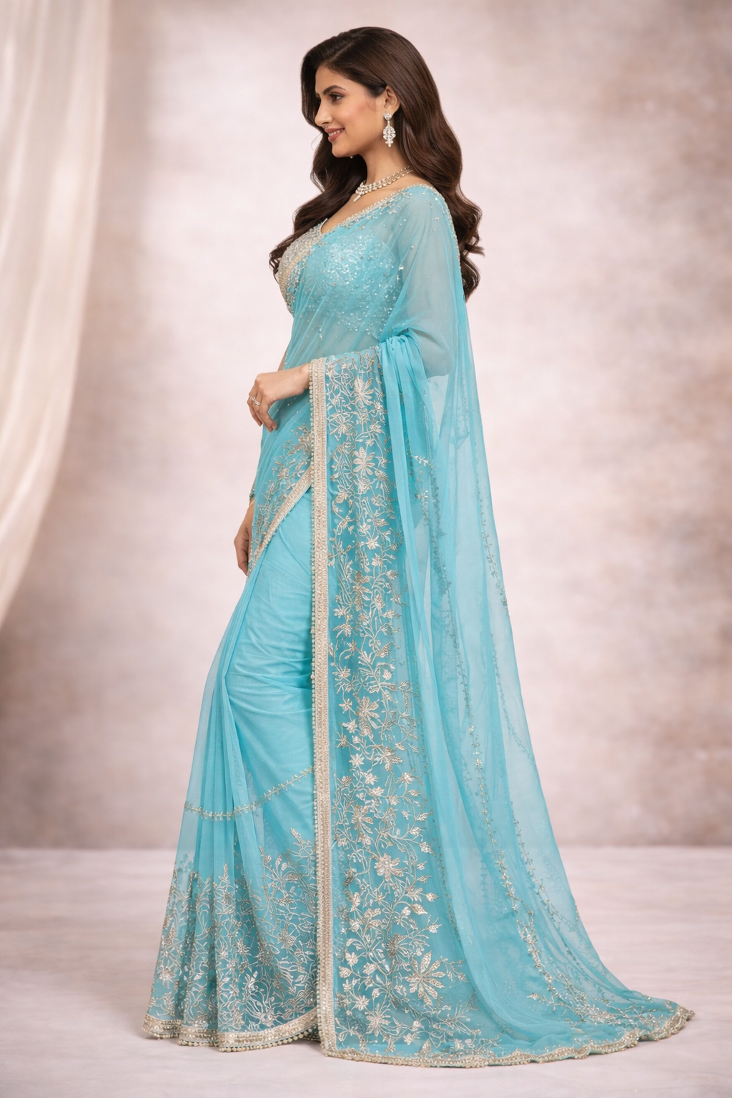 Sky Firozi Designer Saree with Silver Zari Embroidery & Lace Border | Party Wear & Wedding Saree for Women