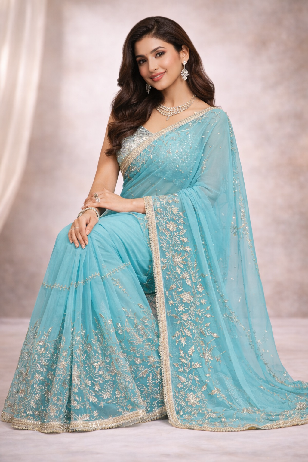 Sky Firozi Designer Saree with Silver Zari Embroidery & Lace Border | Party Wear & Wedding Saree for Women