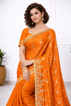 Women Orange Silk Saree with Golden Embroidery Border | Designer Festive & Wedding Wear Saree