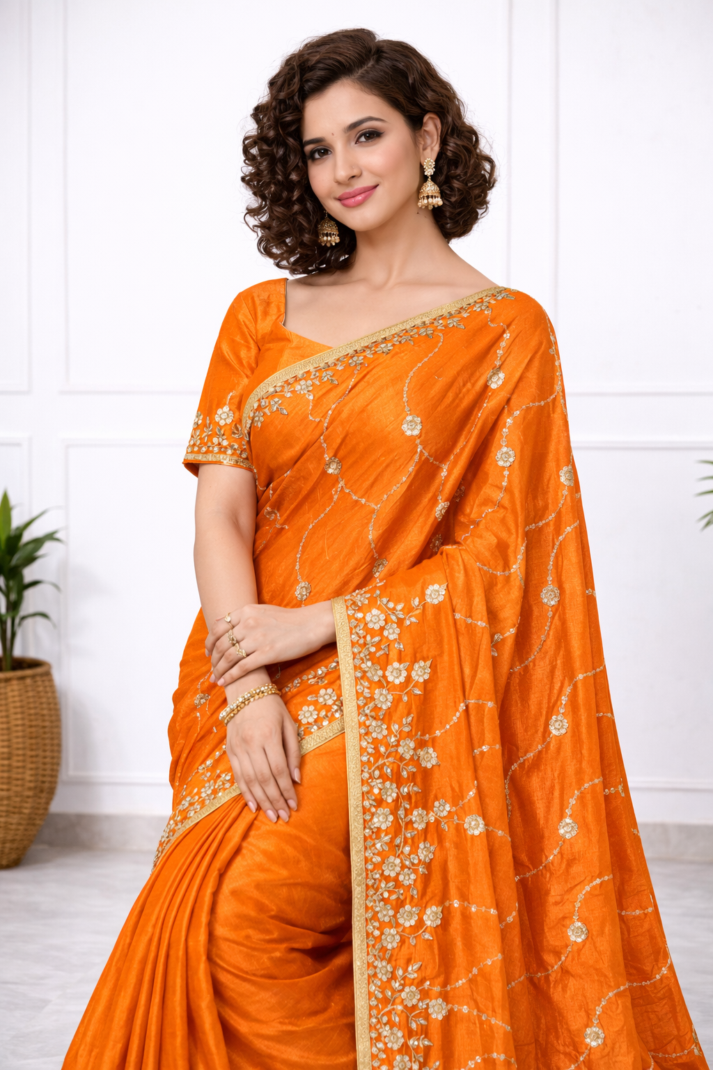 Women Orange Silk Saree with Golden Embroidery Border | Designer Festive & Wedding Wear Saree