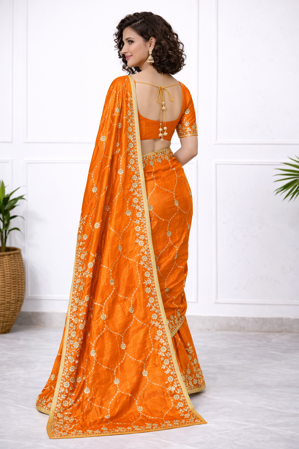 Women Orange Silk Saree with Golden Embroidery Border | Designer Festive & Wedding Wear Saree