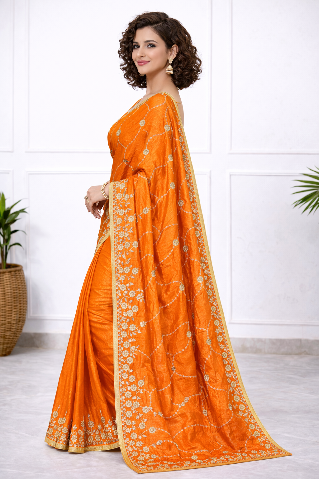 Women Orange Silk Saree with Golden Embroidery Border | Designer Festive & Wedding Wear Saree