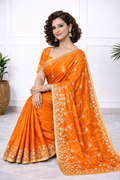 Women Orange Silk Saree with Golden Embroidery Border | Designer Festive & Wedding Wear Saree