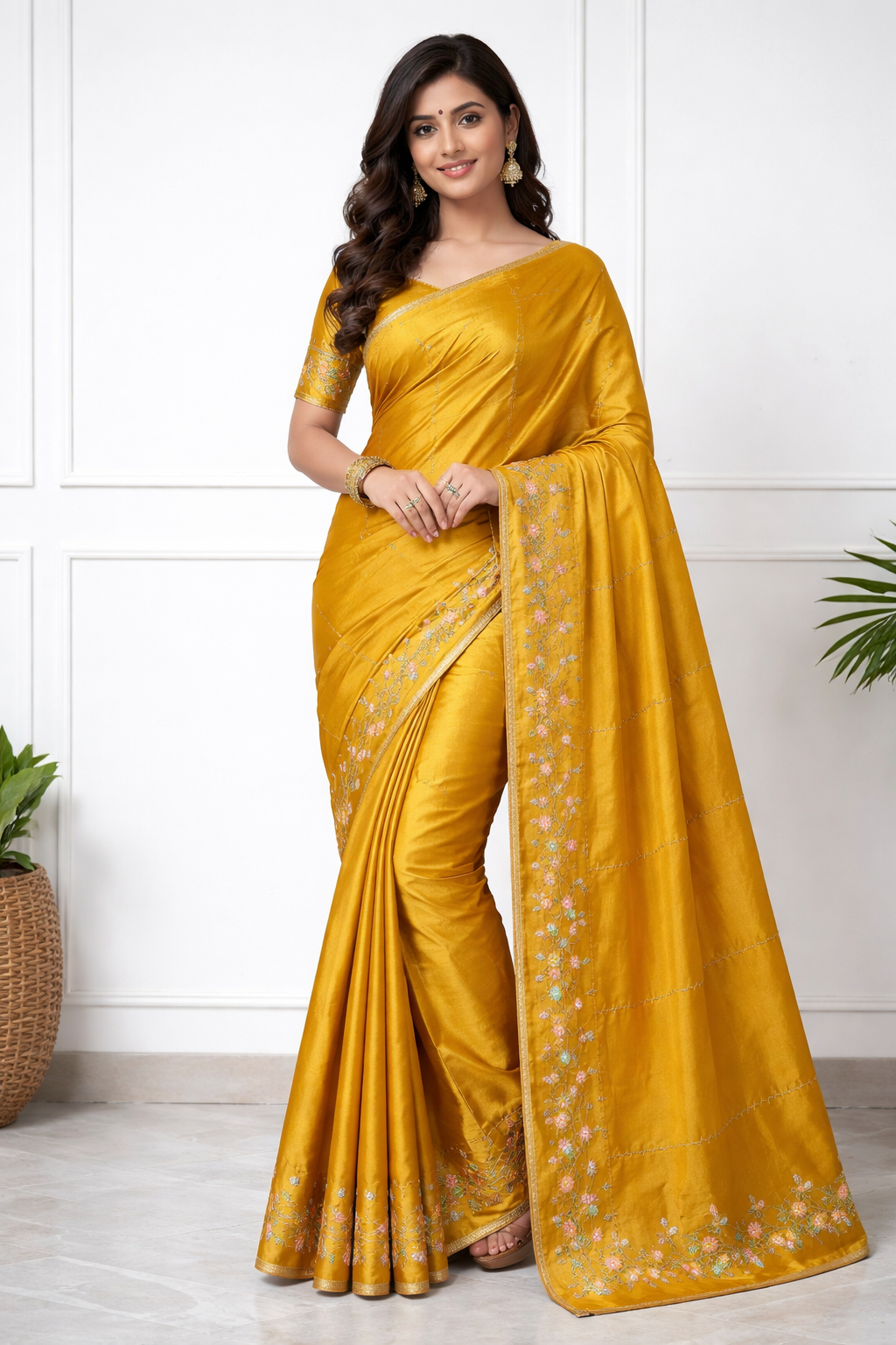 Women Mustard Yellow Silk Saree with Floral Embroidery Border | Elegant Party & Festive Wear Saree