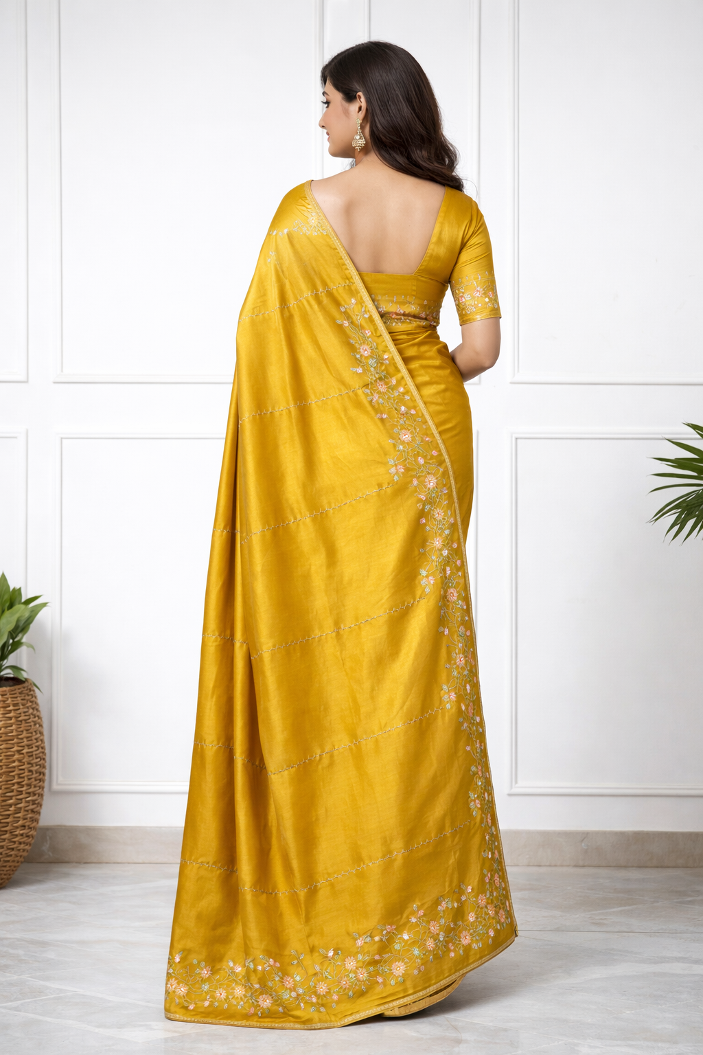 Women Mustard Yellow Silk Saree with Floral Embroidery Border | Elegant Party & Festive Wear Saree