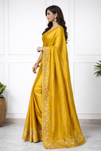 Women Mustard Yellow Silk Saree with Floral Embroidery Border | Elegant Party & Festive Wear Saree