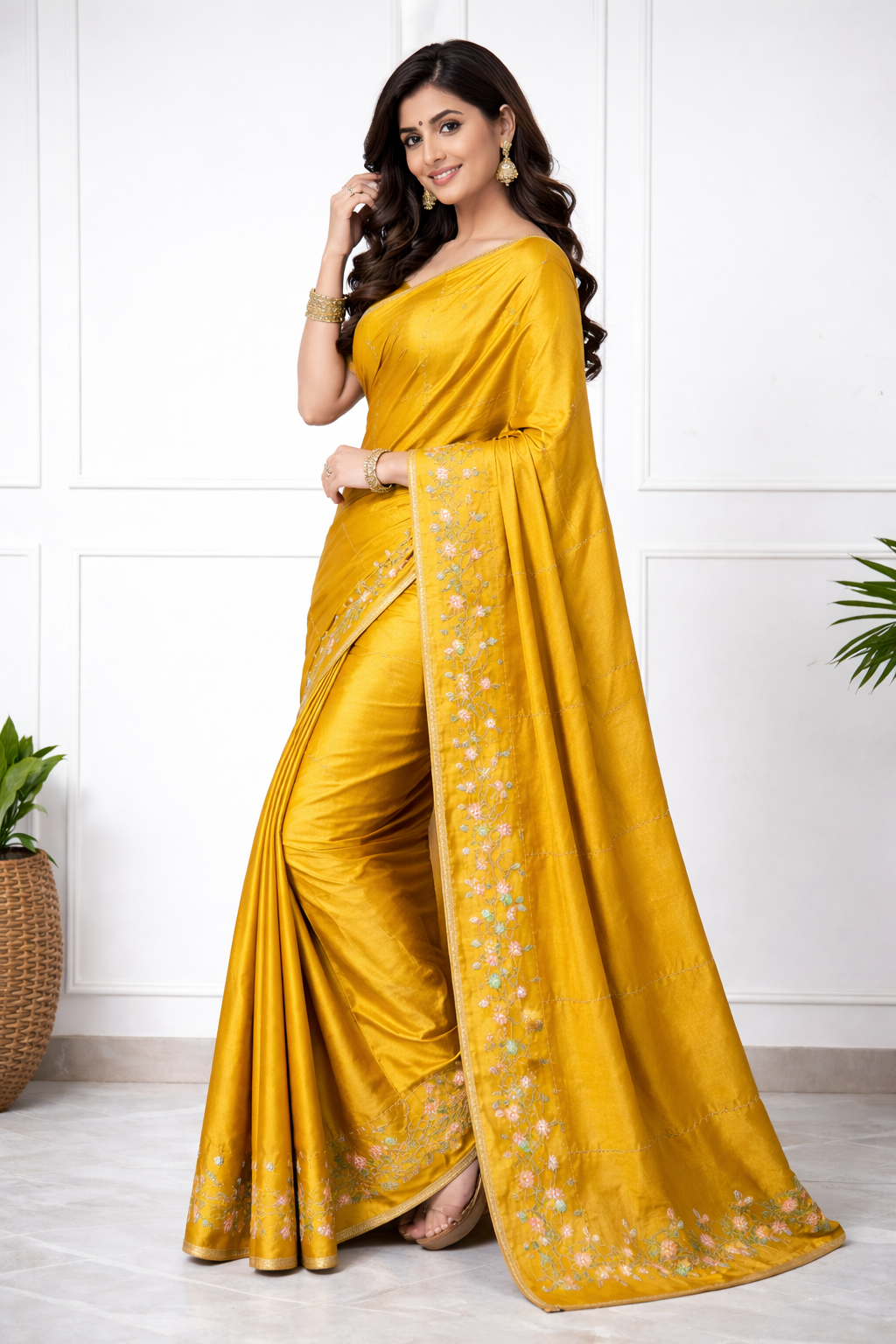 Women Mustard Yellow Silk Saree with Floral Embroidery Border | Elegant Party & Festive Wear Saree