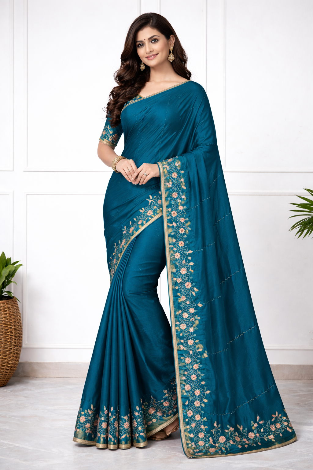 Women Teal Blue Silk Saree with Floral Embroidery Border | Elegant Designer Saree for Party & Festive Wear