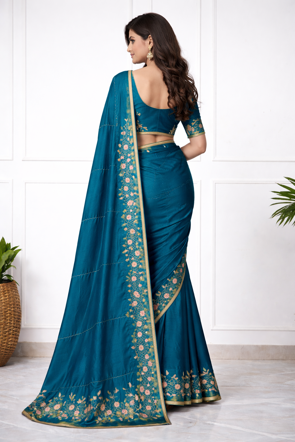 Women Teal Blue Silk Saree with Floral Embroidery Border | Elegant Designer Saree for Party & Festive Wear