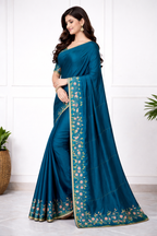 Women Teal Blue Silk Saree with Floral Embroidery Border | Elegant Designer Saree for Party & Festive Wear