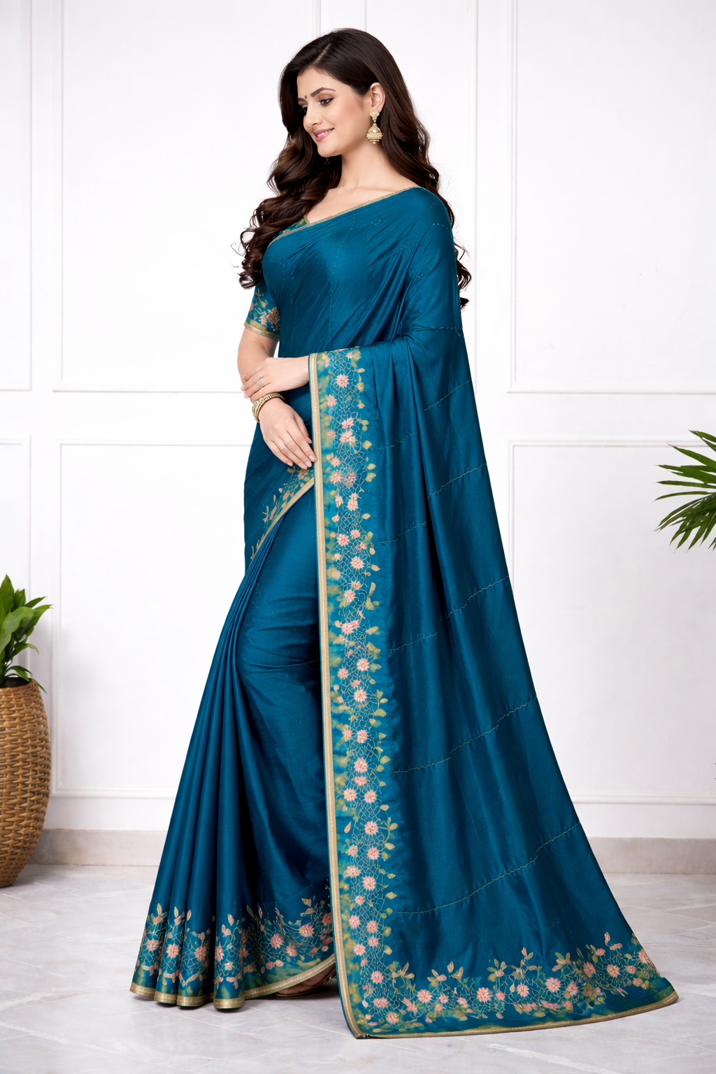 Women Teal Blue Silk Saree with Floral Embroidery Border | Elegant Designer Saree for Party & Festive Wear