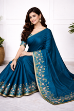 Women Teal Blue Silk Saree with Floral Embroidery Border | Elegant Designer Saree for Party & Festive Wear