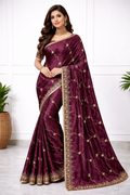 Women Wine Purple Silk Saree with Golden Embroidery & Designer Border | Premium Party & Wedding Wear Saree