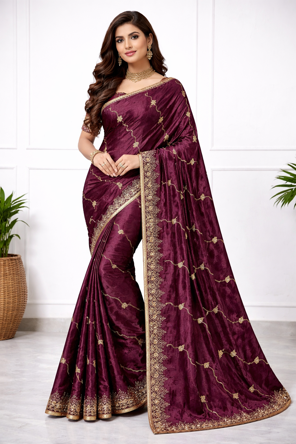 Women Wine Purple Silk Saree with Golden Embroidery & Designer Border | Premium Party & Wedding Wear Saree