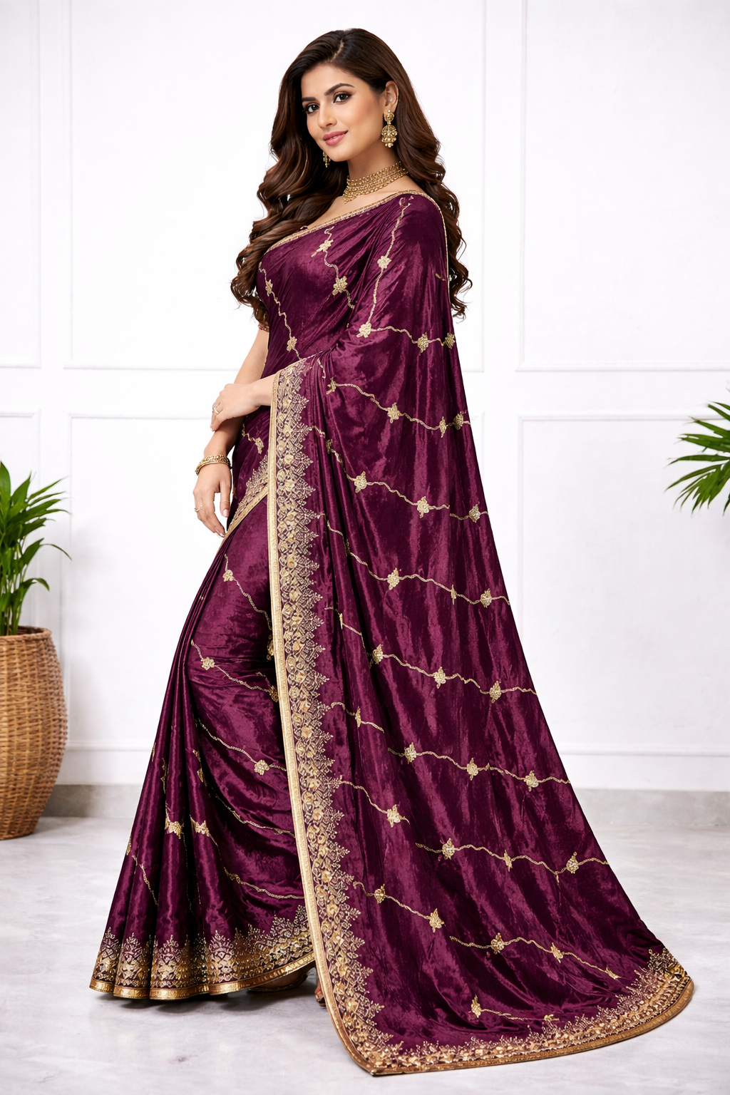Women Wine Purple Silk Saree with Golden Embroidery & Designer Border | Premium Party & Wedding Wear Saree