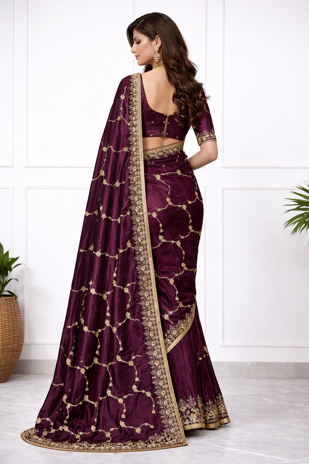 Women Wine Purple Silk Saree with Golden Embroidery & Designer Border | Premium Party & Wedding Wear Saree