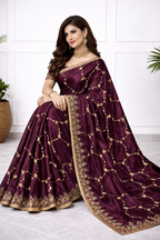 Women Wine Purple Silk Saree with Golden Embroidery & Designer Border | Premium Party & Wedding Wear Saree