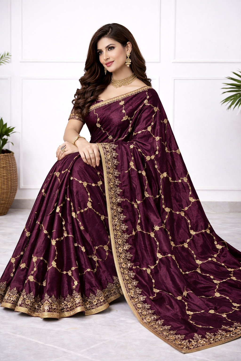 Women Wine Purple Silk Saree with Golden Embroidery & Designer Border | Premium Party & Wedding Wear Saree