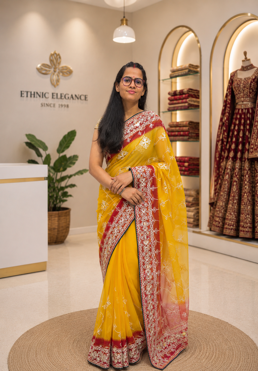 Traditional Shekhawati Yellow Embroidered Saree