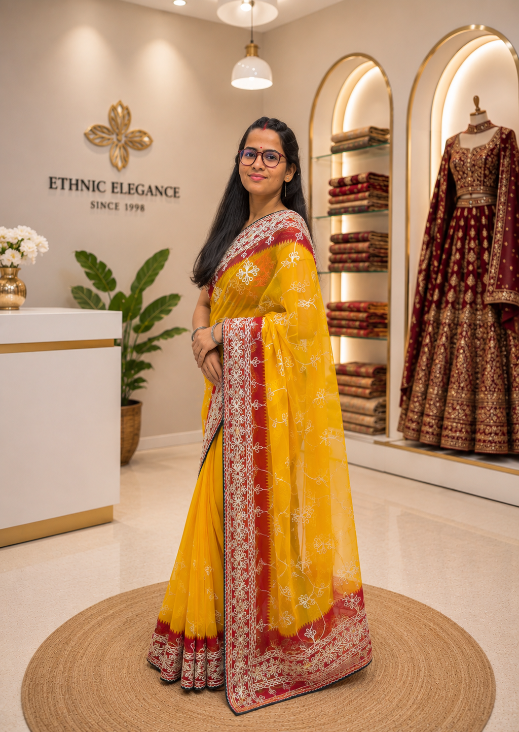Traditional Shekhawati Yellow Embroidered Saree