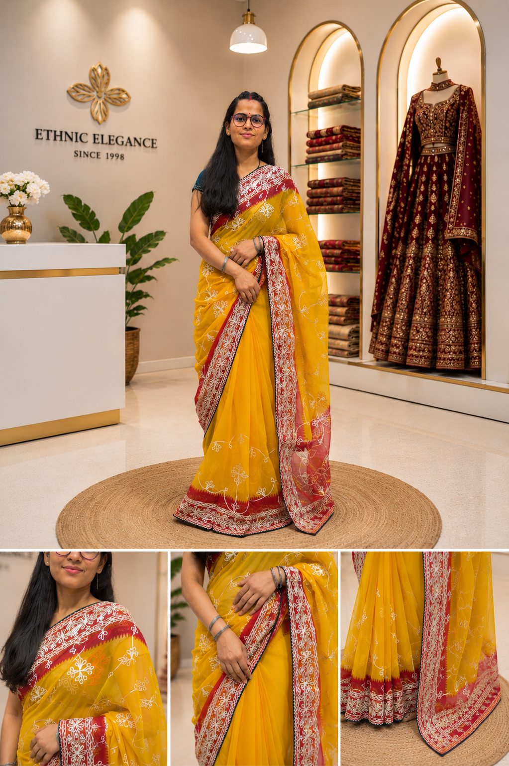 Traditional Shekhawati Yellow Embroidered Saree