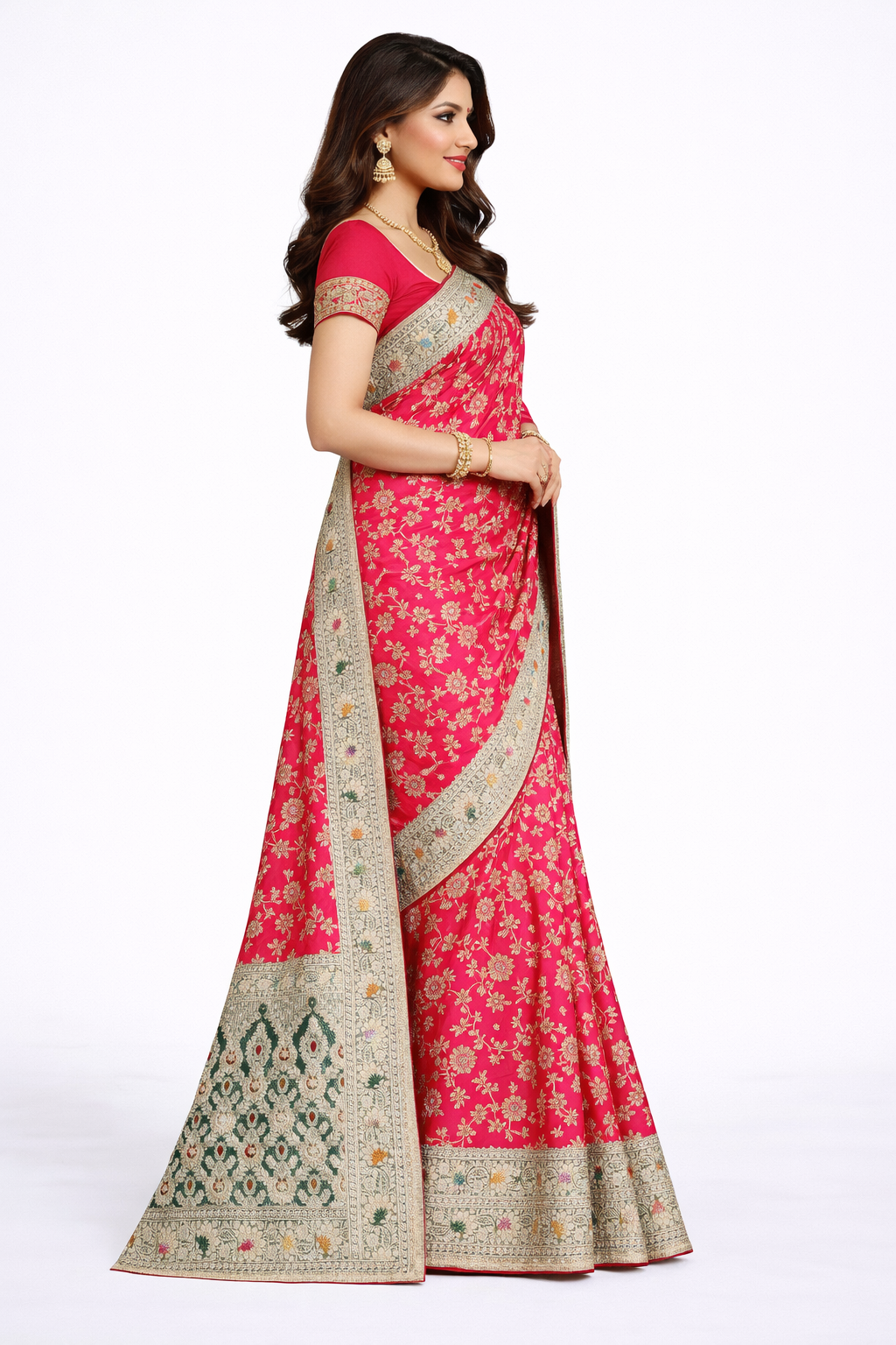 Premium Pink Banarasi Silk Saree with Floral Zari Work & Rich Border – Festive & Wedding Wear