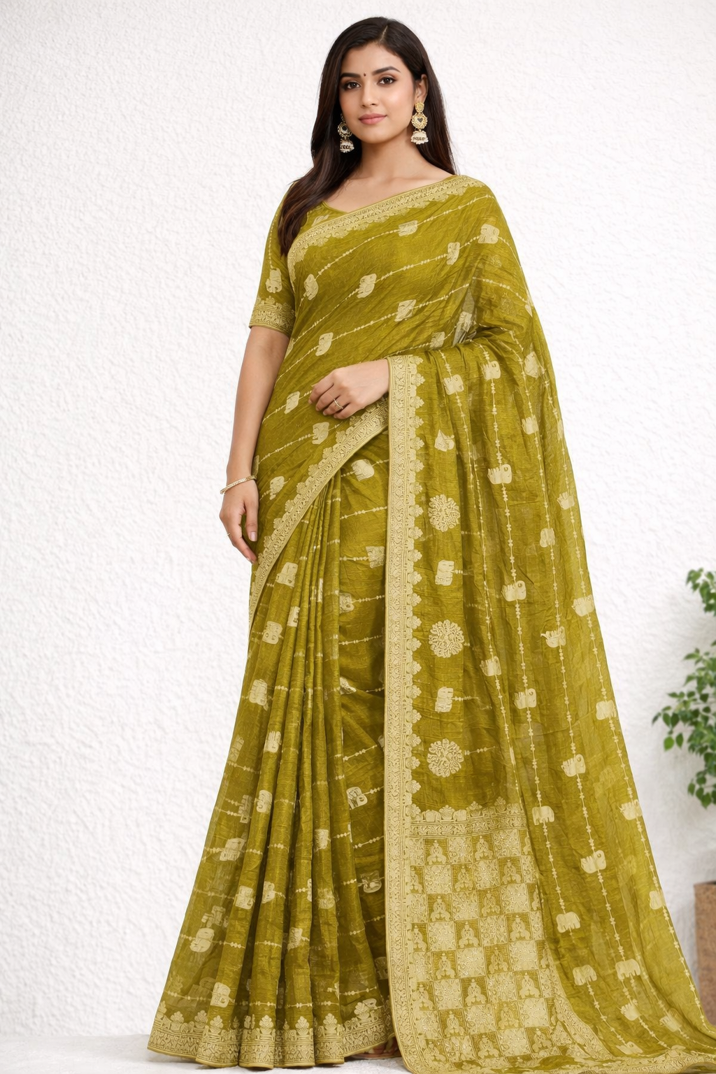 Olive Green Designer Saree with Gold Elephant Motifs & Rich Border