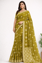 Olive Green Designer Saree with Gold Elephant Motifs & Rich Border