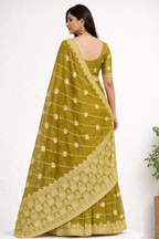 Olive Green Designer Saree with Gold Elephant Motifs & Rich Border