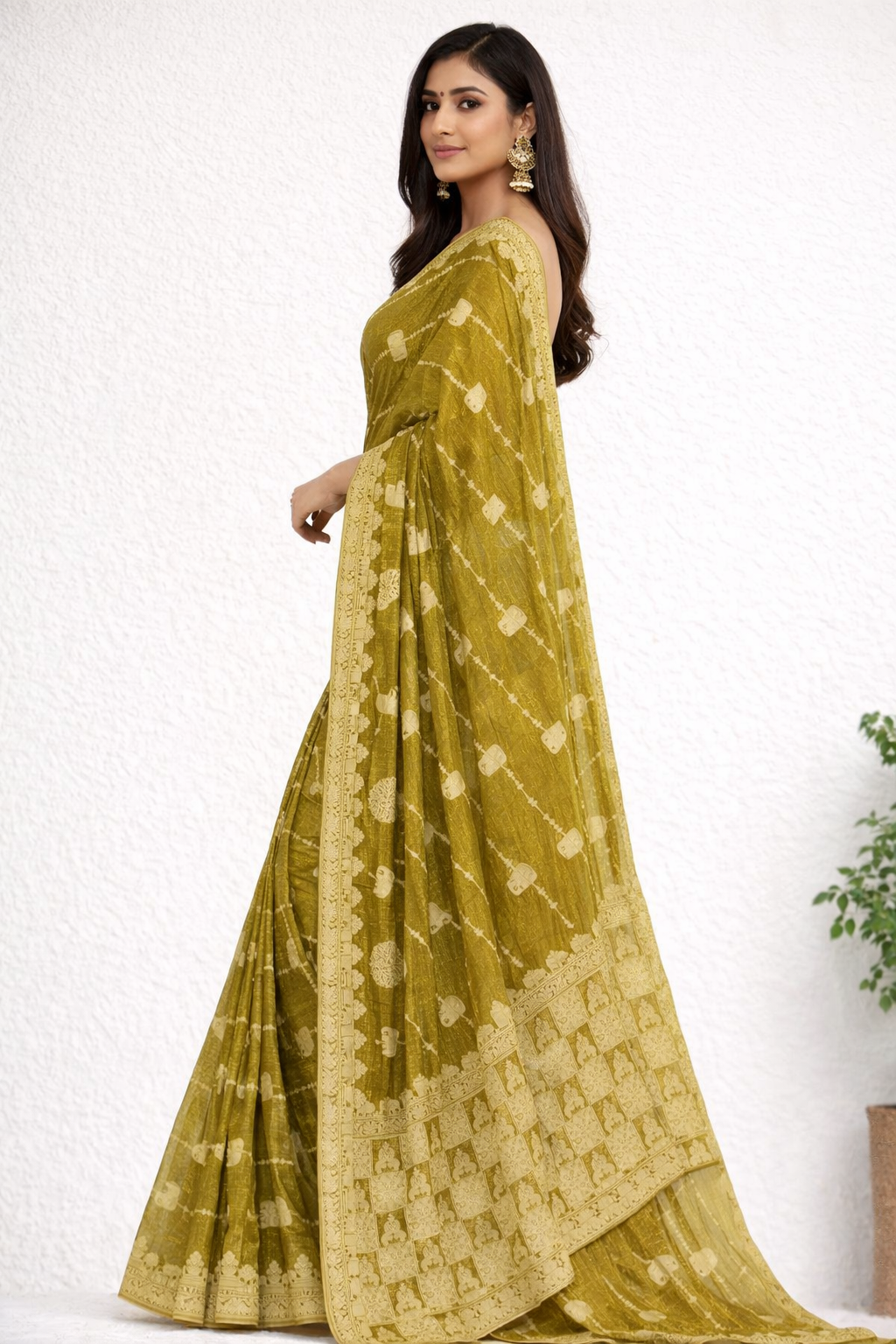 Olive Green Designer Saree with Gold Elephant Motifs & Rich Border