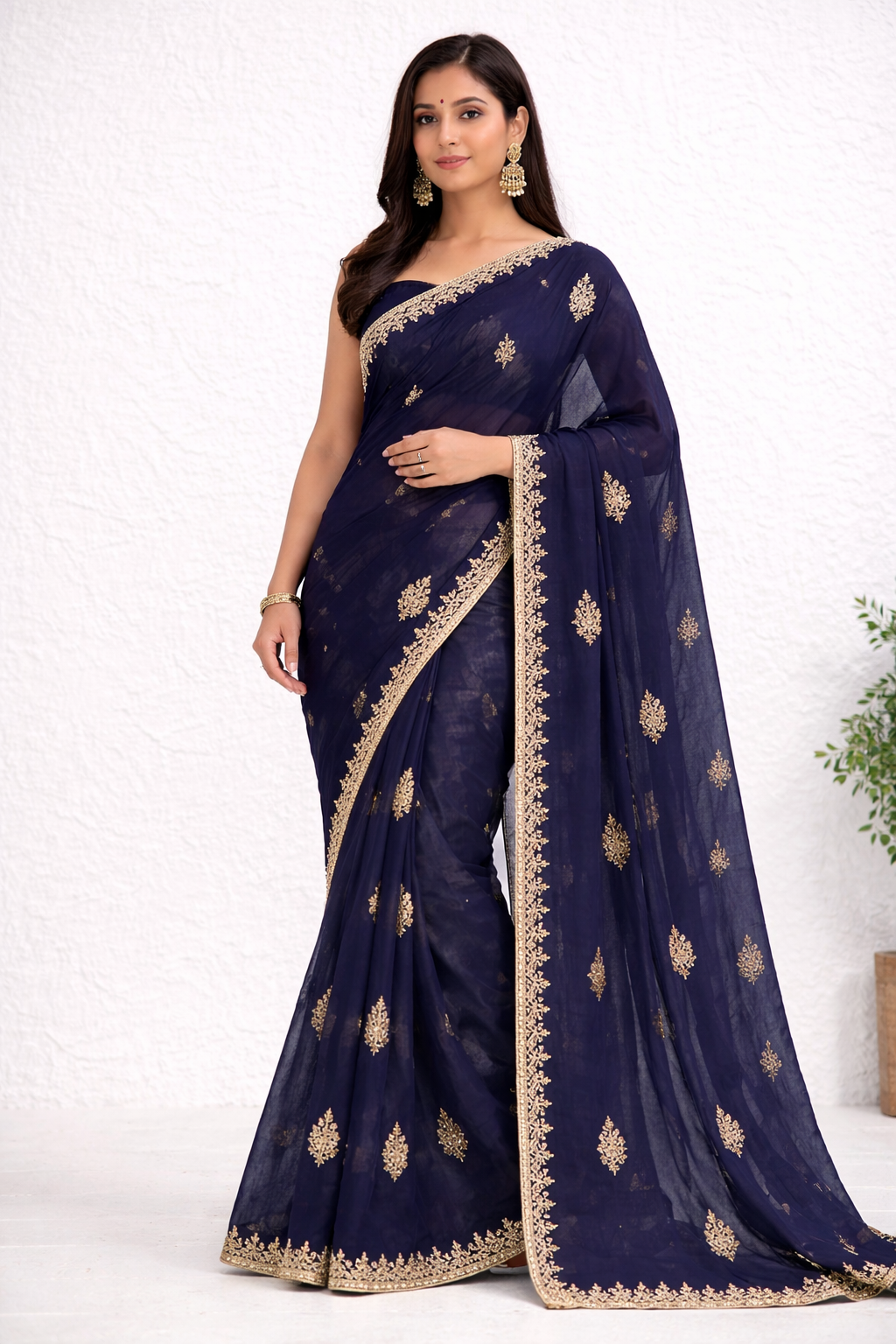 Navy Blue Designer Saree with Gold Floral Motifs & Elegant Border