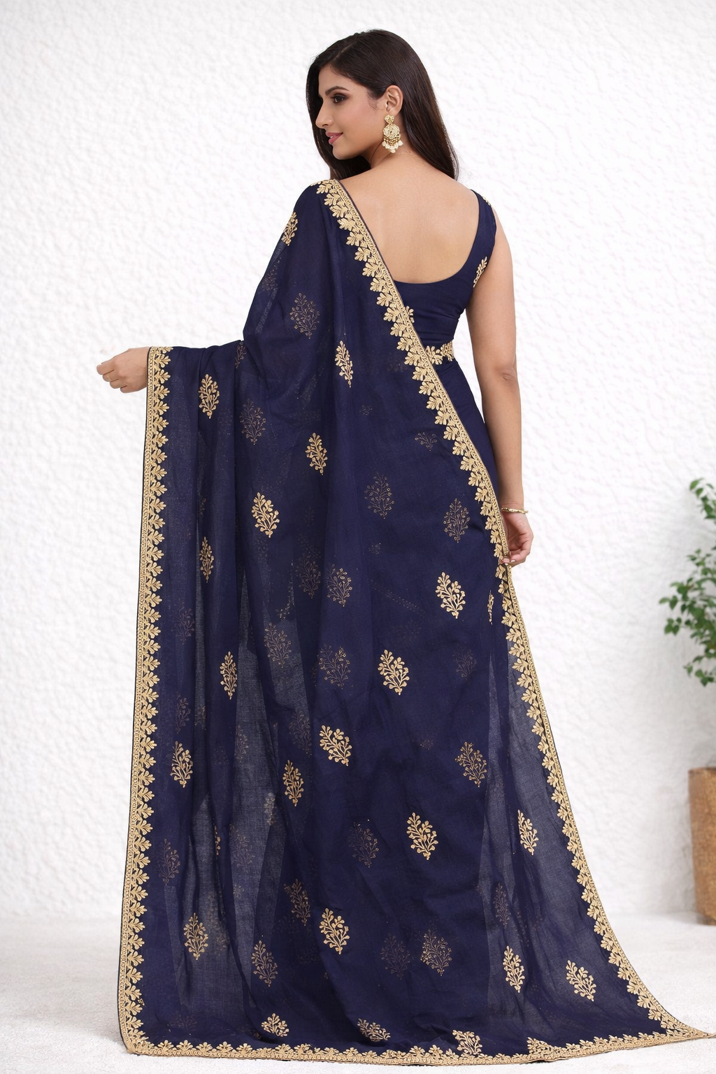Navy Blue Designer Saree with Gold Floral Motifs & Elegant Border