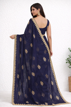 Navy Blue Designer Saree with Gold Floral Motifs & Elegant Border