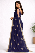 Navy Blue Designer Saree with Gold Floral Motifs & Elegant Border