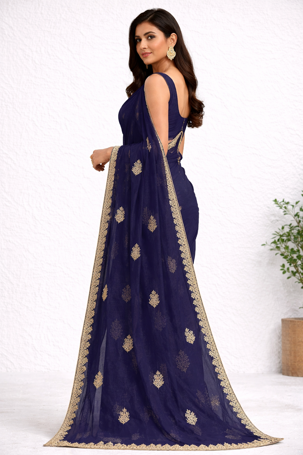 Navy Blue Designer Saree with Gold Floral Motifs & Elegant Border