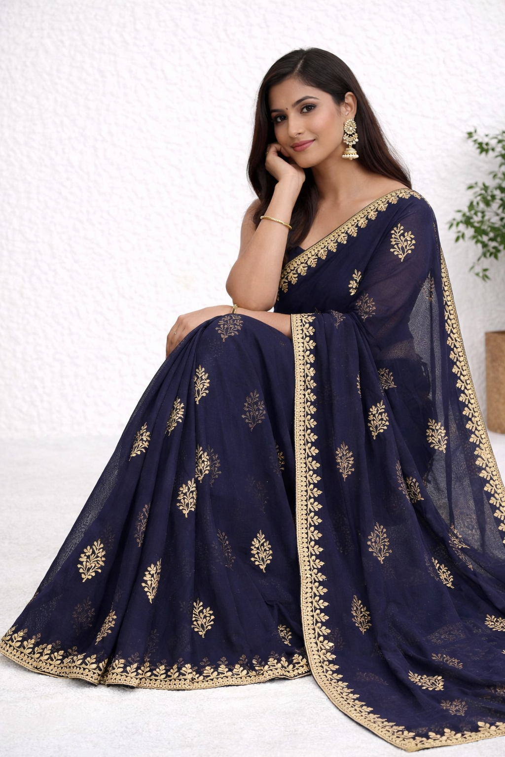Navy Blue Designer Saree with Gold Floral Motifs & Elegant Border